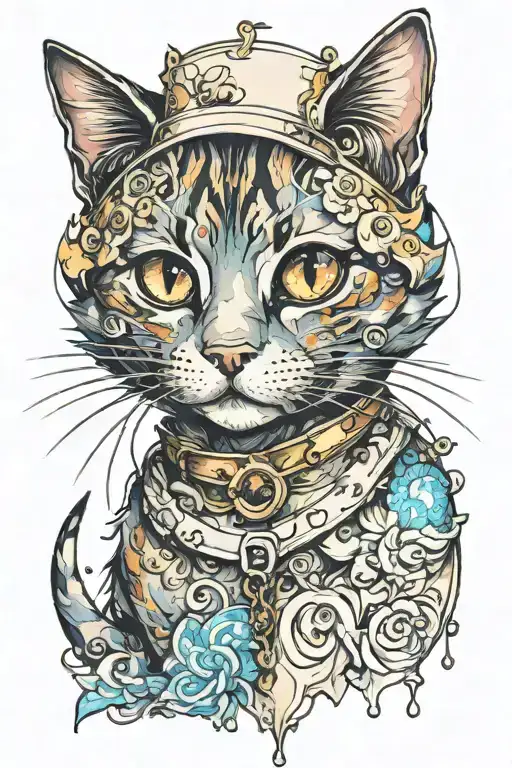 CUTE CAT LINE PRINT WITH WATERCOLOUR tattoo design idea