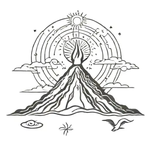 volcano, bird ans sun shining tattoo design idea