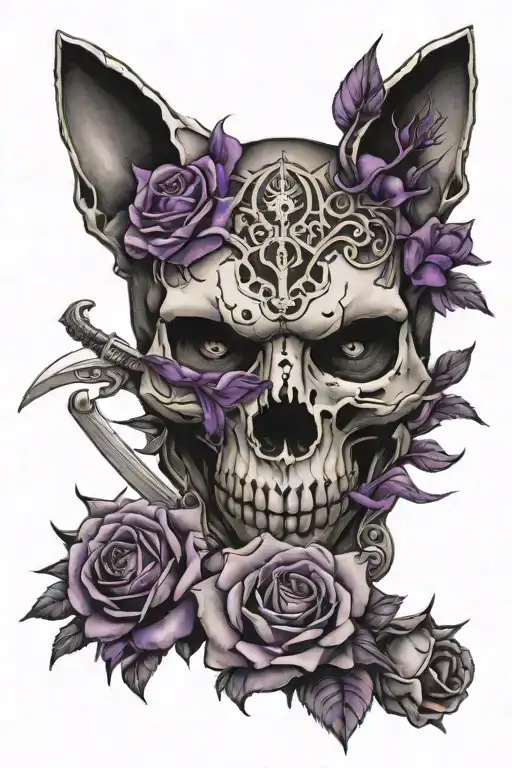 Tattoo with purple roses, half a cat skull separate of half a cat head, with three swords tattoo design idea