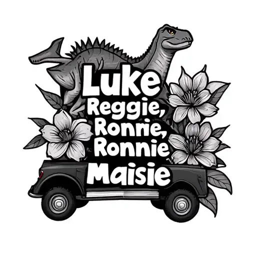 "Luke, Reggie, Ronnie, Maisie" "Luke, Reggie, Ronnie, Maisie" book, toy car, dinosaur and flower next to names tattoo design idea
