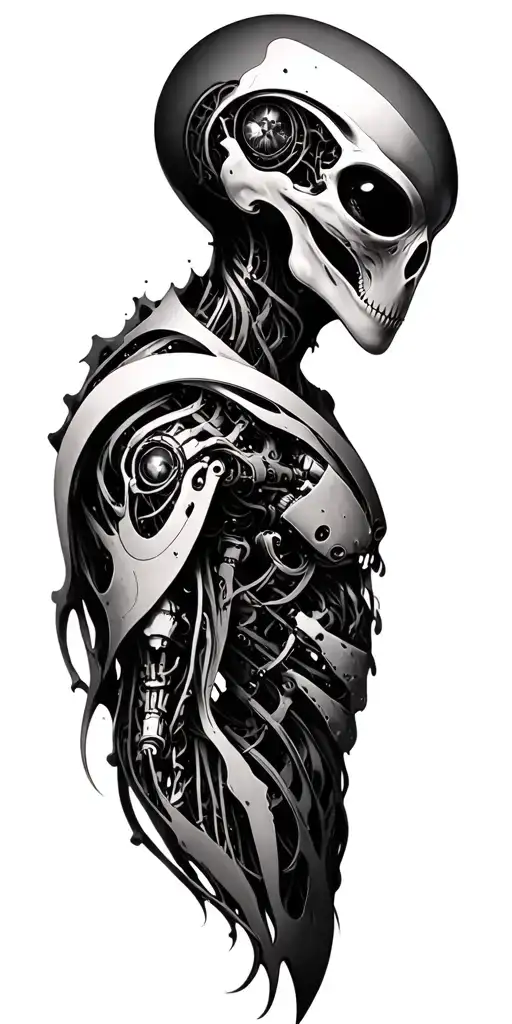 Black and grey biomechanical tattoo design with hyper-realistic details. Surreal blend of organic anatomy and alien mach tattoo design idea