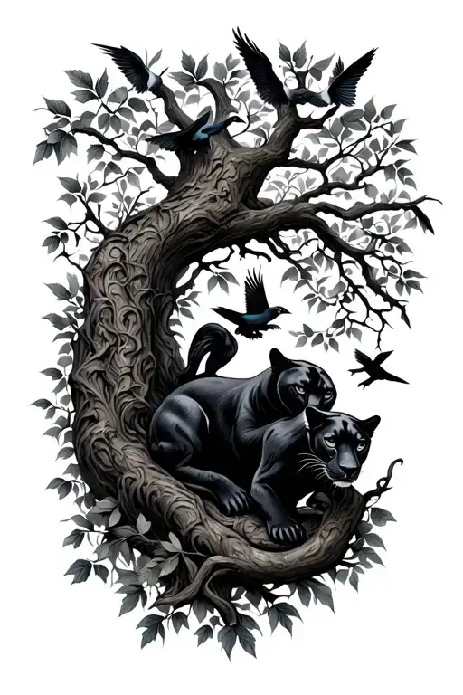 tree intertwined with vines and leaves amounts a black panther and birds tattoo design idea