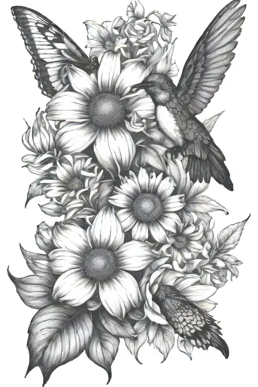 Daisy, black eyed Susan, iris, rose, and a humming bird black and white  tattoo design idea