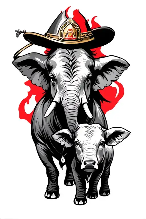 Tribal with firefighter red stripe and small elephant and small highlander cow tattoo design idea
