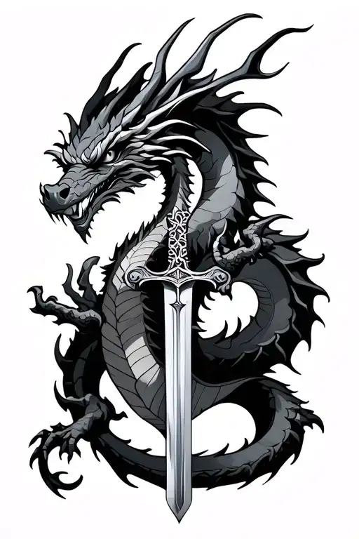 Dragon who meanders around a sword tattoo design idea