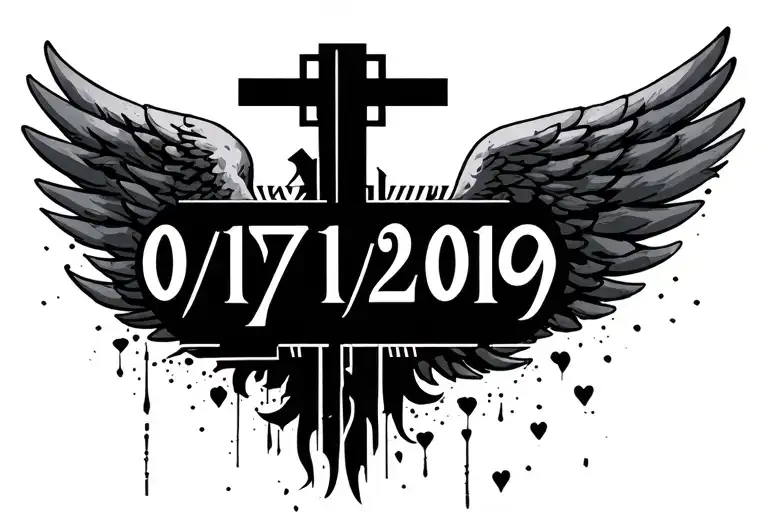 "07/12/2019" angel and cross with roman numerals tattoo design idea