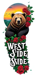 "WEST SIDE" bear surrounded roses wrapped trees colors sunset tattoo design idea