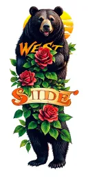"WEST SIDE" bear surrounded roses wrapped trees colors sunset tattoo design idea