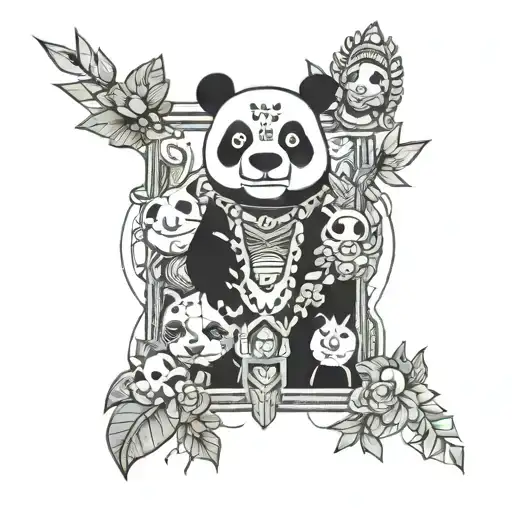 A totem pole featuring a jewel, panda, hippopotamus, and Stitch characters intertwined in a unique design tattoo design idea