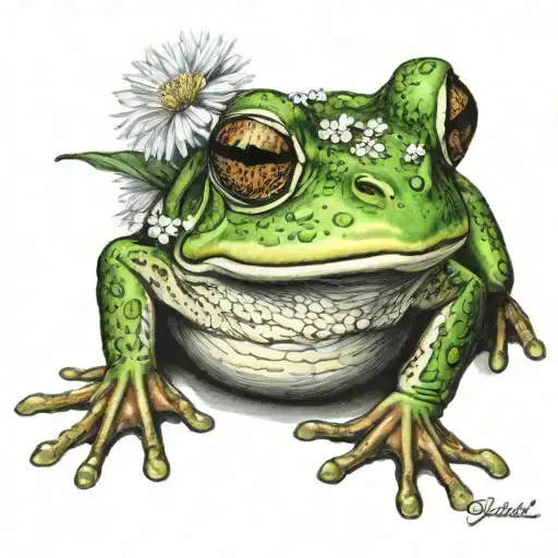 frog wearing crown blowing dandelion seeds tattoo design idea