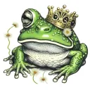 frog wearing crown blowing dandelion seeds tattoo design idea