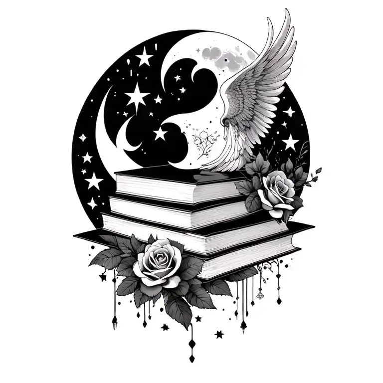 books, fourth wing, Court of Thorn and roses, stars, moon tattoo design idea