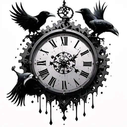 melting clock with gears and ravens tattoo design idea