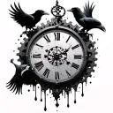 melting clock with gears and ravens tattoo design idea