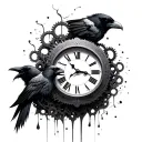 melting clock with gears and ravens tattoo design idea