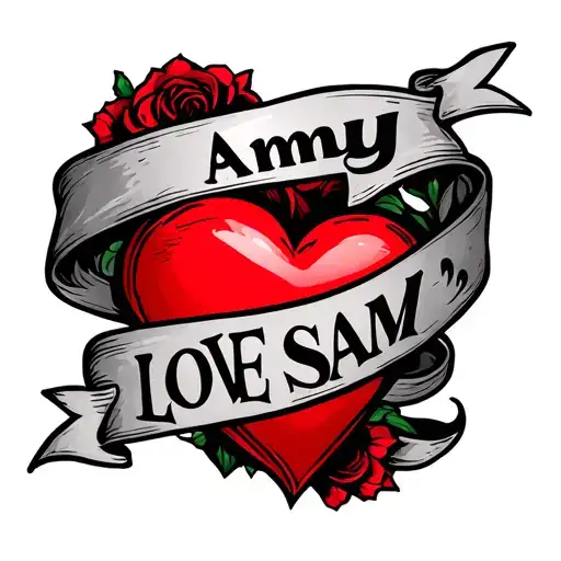 "Amy love Sam " red heart with banner wrapped tattoo design idea