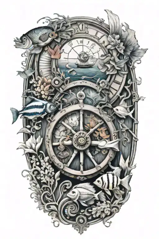 An ocean scene with a ship wheel, clock and tropical fish tattoo design idea