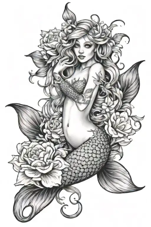 mermaid and flowers tattoo design idea