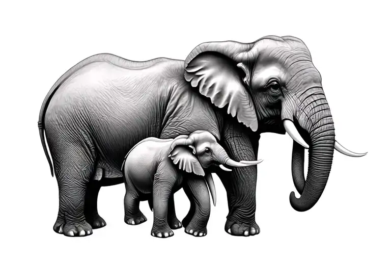 Black & white portrait style, two realistic looking black and white elephants, (Mom and baby) With their trunks hugging tattoo design idea