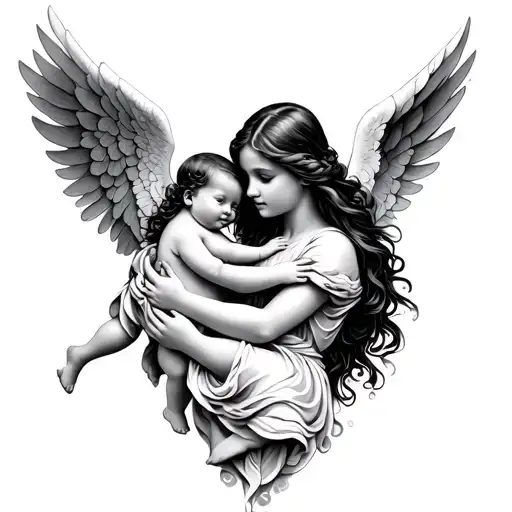 Hel carrying baby angel tattoo design idea
