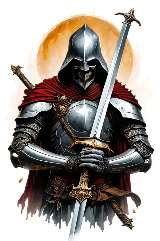 fallen dead knight holding a sword tattoo design idea