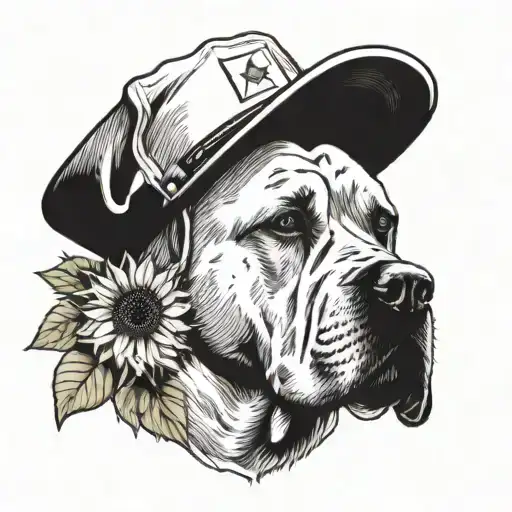 A neo mastiff wearing a nurse's hat, surrounded by sunflowers and mountains tattoo design idea