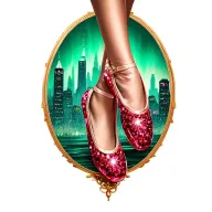 two sparkling ruby ballet slippers with emerald city in the background, no legs tattoo design idea