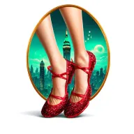 two sparkling ruby ballet slippers with emerald city in the background, no legs tattoo design idea