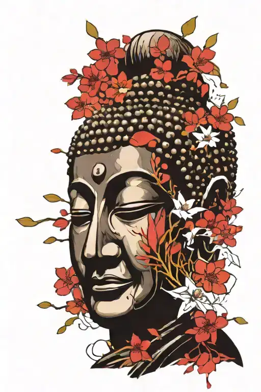 Smiling Buddha japanese mask cherry blossom flowers tattoo design idea