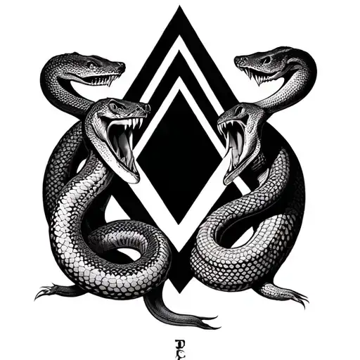 a sobriety triangle enclosed inside a circle three snakes with each one eating the three points of the triangle.  tattoo design idea