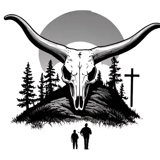 Texas longhorn skull tattoo with forest design and a guy looking at 3 crosses on a hill  tattoo design idea