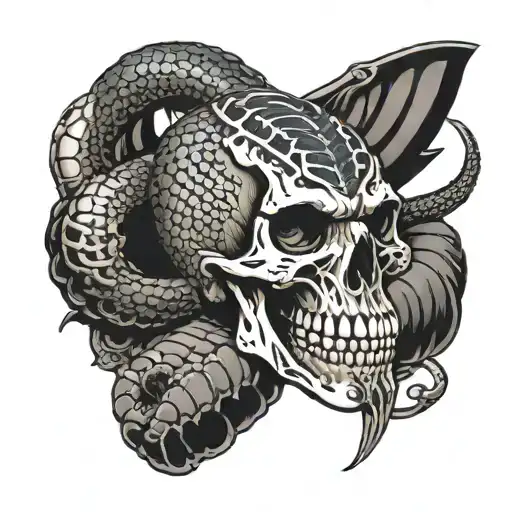 Snake around human skull with fangswhich was pierced by sword with eagle wings and the top of the tattoo design idea