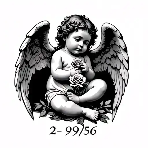 Below that a baby angel holding a rose looking above. Below the baby's feet will read the date 2/9/56 in roman numerals. tattoo design idea