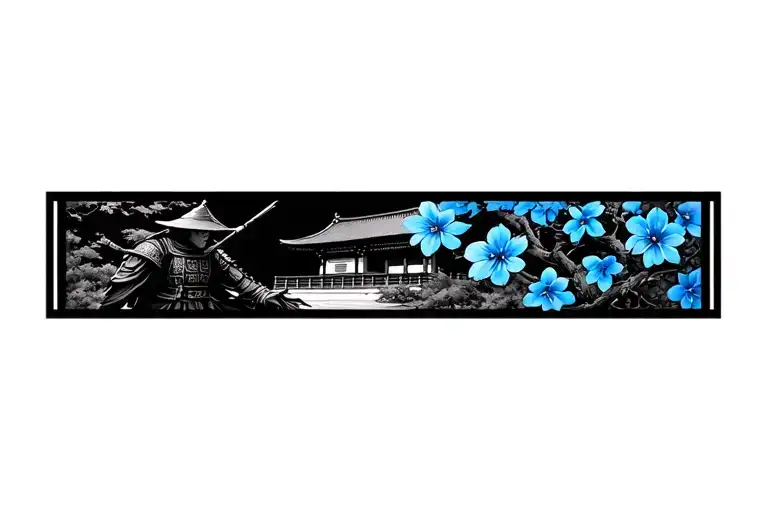 japanese temple with blue flowers and samurai warrior,framed in black square tattoo design idea