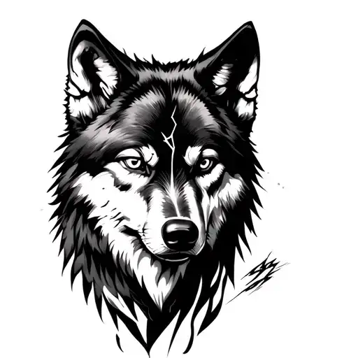 A bold blackwork chest tattoo of a lone wolf with a lightning scar over its right eye, in front of a shadowed pack. tattoo design idea