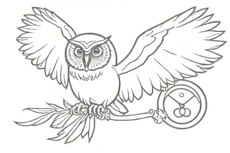 A flying owl holding a time-turner in its talons tattoo design idea