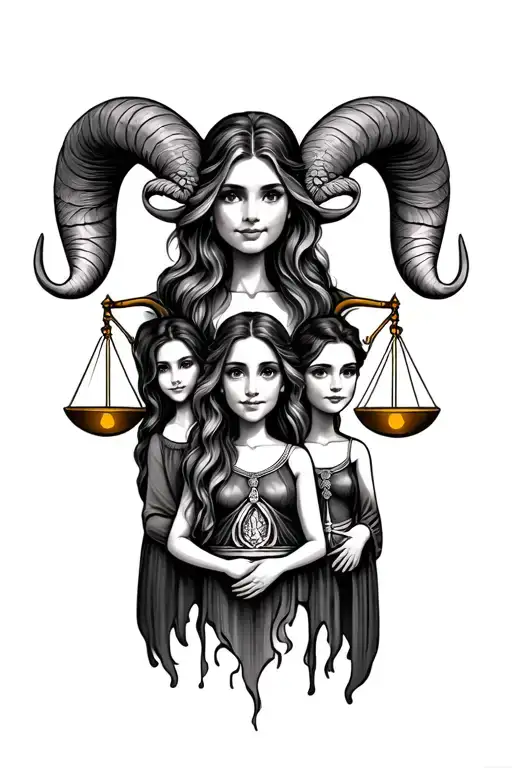 Family tattoo design combining mom as aries star sign, son as cancer and daughter as libra tattoo design idea