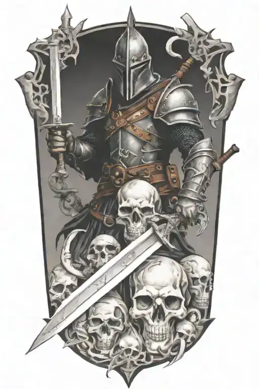 midevil knight with sword, surrounded by skulls tattoo design idea