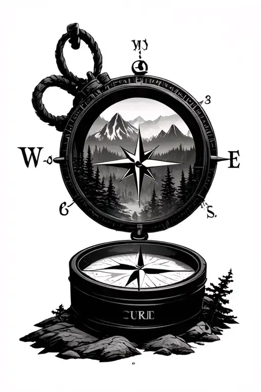  compass with inner mountains/forest,  center shading, clean crisp lines. tattoo design idea