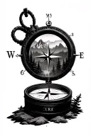  compass with inner mountains/forest,  center shading, clean crisp lines. tattoo design idea