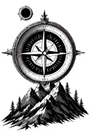  compass with inner mountains/forest,  center shading, clean crisp lines. tattoo design idea