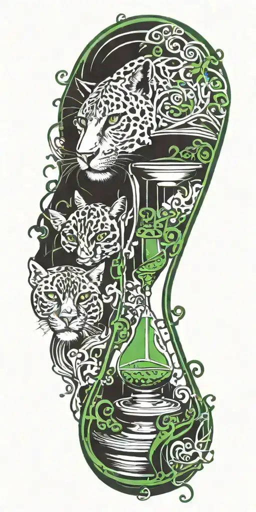 An hourglass Melting Into A Puddle Of Music Notes With A panther Silhouette Howling In The Background with green eyes tattoo design idea