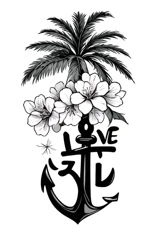 Japanese word love anchor palm tree and sakura tattoo design idea