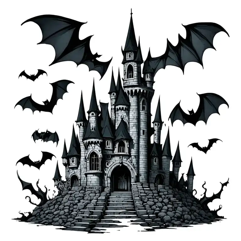 dracula castle with bats in dark fantasy and neo tribal style tattoo design idea