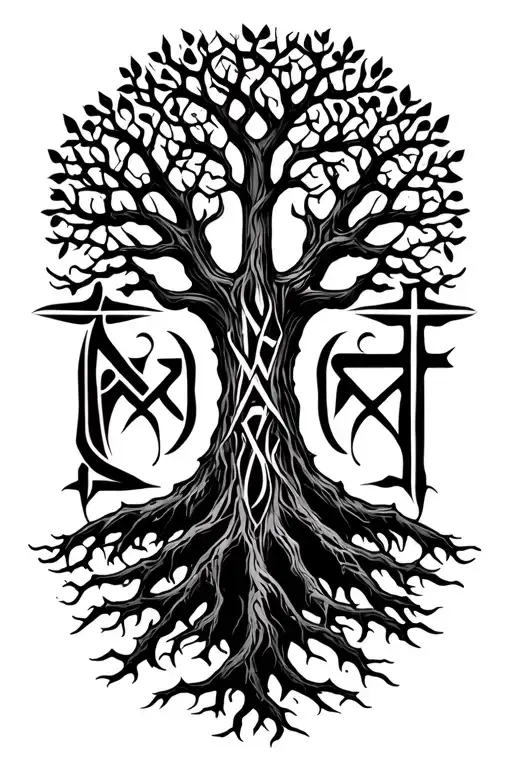 "MCMXCVIII" a  oak tree with deep roots and with eastern orthodox cross in the background  tattoo design idea