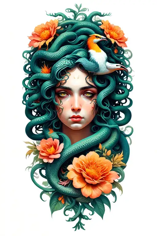 Medusa with a face showing strength surrounded by flowers with some of the snakes transforming into a pheonix tattoo design idea