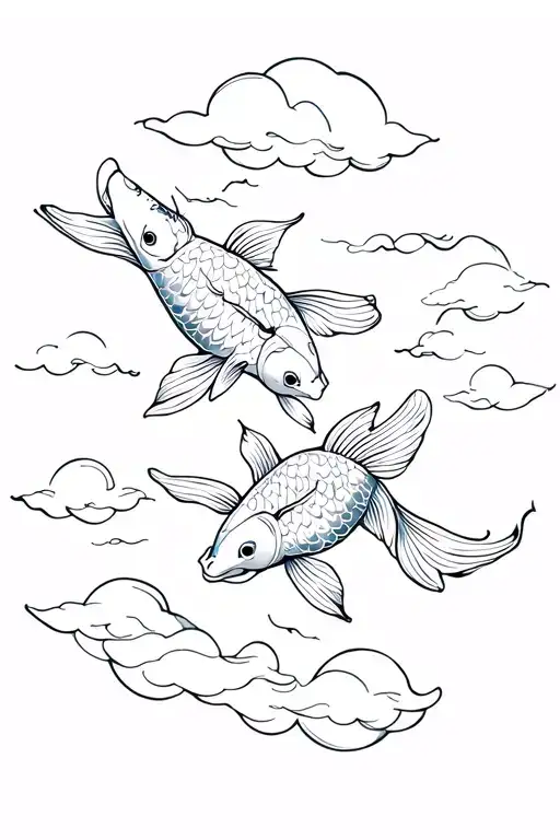 two koi fish swimming and clouds around tattoo design idea