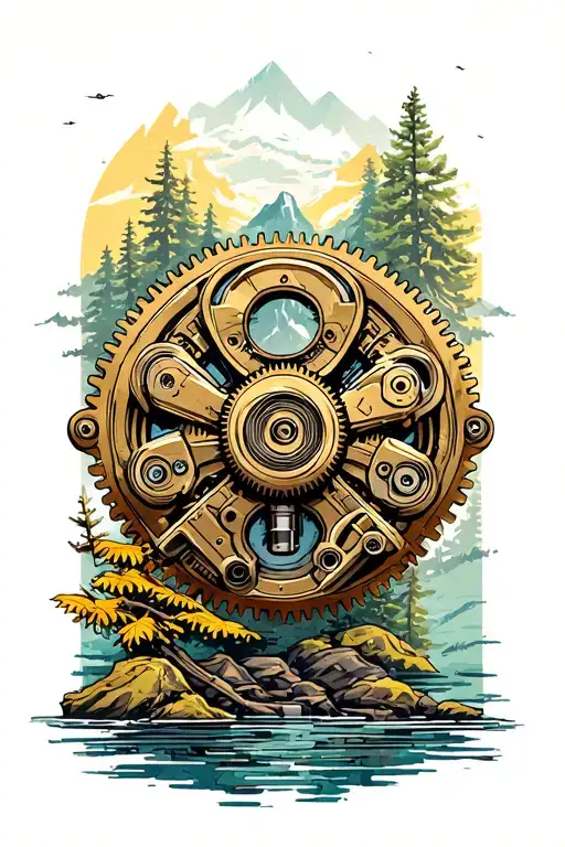 bio mechanical gears, pistons, rods with outdoor wilderness background tattoo design idea