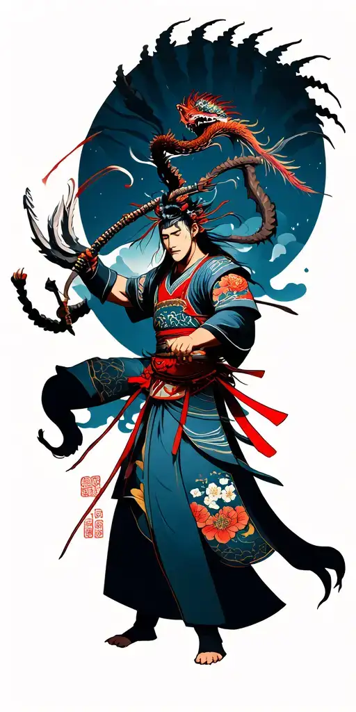 warrior fighting demons in Japanese garden tattoo design idea