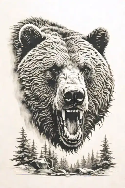 snarling grizzly bear in a forest tattoo design idea